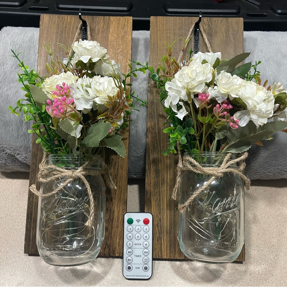 Rustic Wall Sconce with Mason Jar and Floral Arrangement